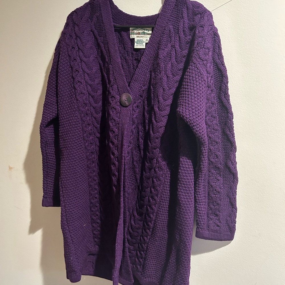 Aran Crafts 100% wool purple cardigan XL